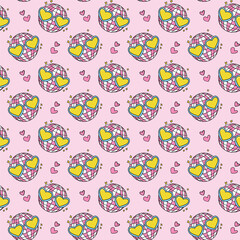 Playful seamless pattern featuring pink disco balls with yellow heart-shaped sunglasses and scattered hearts on a soft pink background