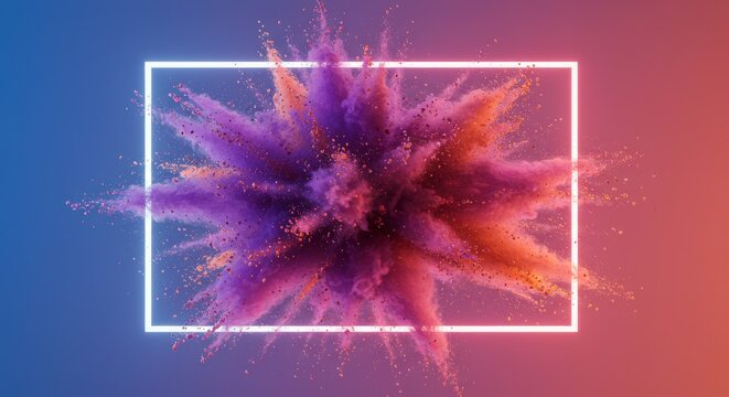 urple and orange powder blast inside neon glowing frame for contemporary abstract art and dynamic creative concept