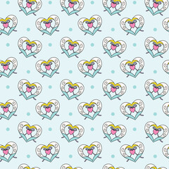 Elegant seamless pattern featuring decorative heart lockets with swirls and pastel accents on a light blue background, ideal for romantic designs