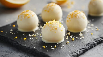 Pomelo truffles coated in white chocolate and sprinkled with zest, styled on a slate platter, isolated on gray