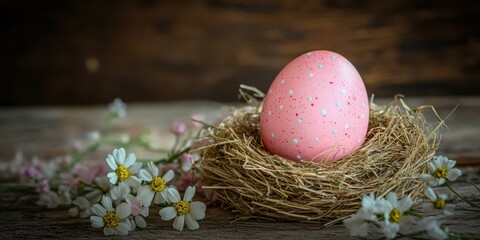 Obraz premium A pink egg rests in a nest surrounded by colorful flowers, symbolizing Easter's renewal and joy.