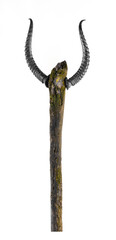 wooden magic staff with horns isolated on white background