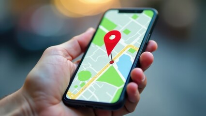 A hand holds a smartphone displaying a map with a red location pin. Concept of digital navigation.