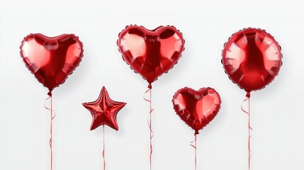 A high-resolution set of red foil balloons in round, star, and heart shapes, floating and isolated on a transparent background with clean, smooth edges.