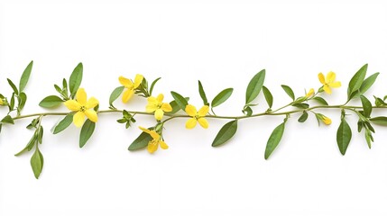 A delicate arrangement of yellow flowers and green leaves set against a clean white background.