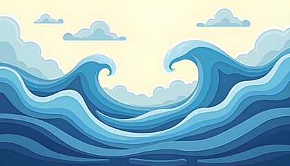 Naklejka premium Blue sea background with clouds and waves. Vector illustration for your design