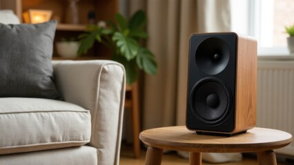 A wooden speaker sits on a small table in a cozy living room setting. Concept of: Modern home audio.