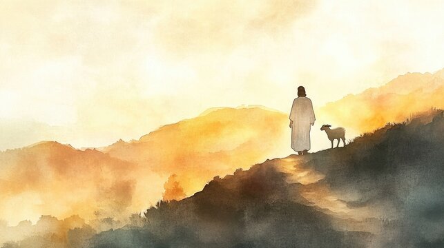 A symbolic illustration of Jesus and a lamb ascending a hill under a warm, heavenly glow.