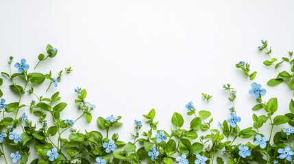 Vibrant blue flowers and fresh green leaves arranged elegantly on a minimalist background.