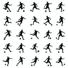 A set of vector silhouettes of soccer player kicking ball