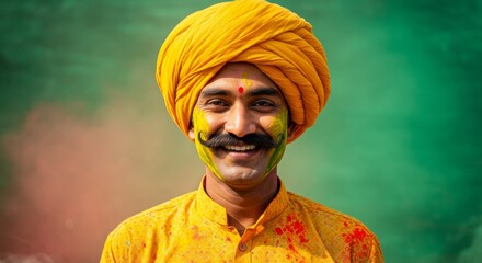 Smiling man wearing a vibrant yellow traditional turban and face painted with Holi colors, radiating joy and cultural pride during the festive celebration