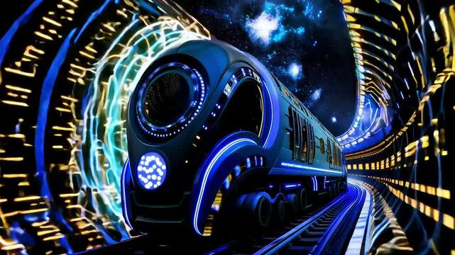 A futuristic train traveling through a tunnel in a space station