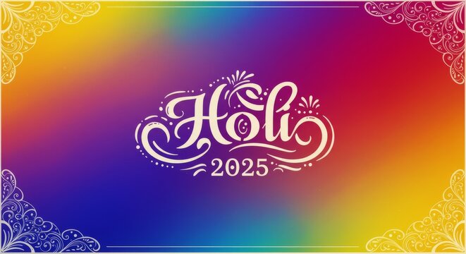 Colorful gradient design adorned with a decorative frame and festive typography, encapsulating the lively and joyous spirit of Holi celebrations. Ideal for promotional materials and digital art