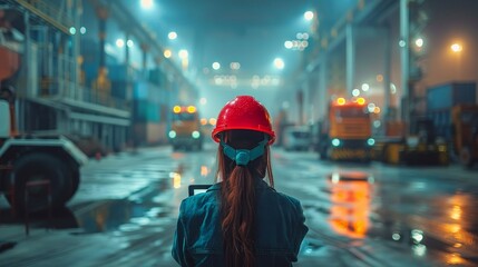 Worker in safety helmet analyzing data on tablet at dusk by busy cargo ship in shipping port