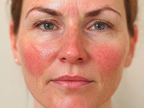 Rosacea treatment before red irritated skin after smooth clear cheeks