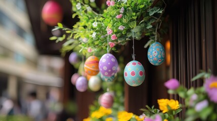 Colorful Easter eggs dangle from a planter, brightening up the outdoor space for festive celebrations.