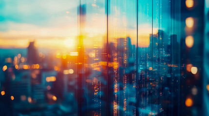 Obraz premium Urban Sunset: City Lights Through Glass, A Stunning Aerial View