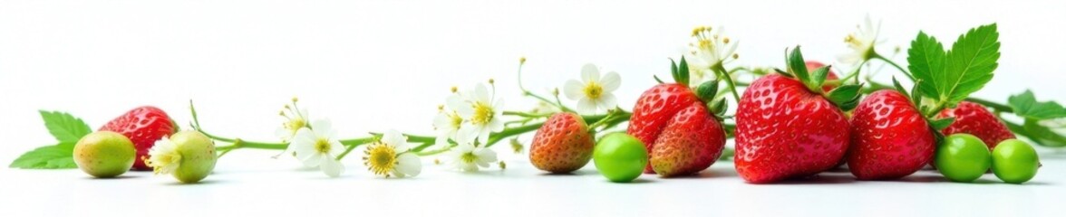 Fresh wild strawberry stems with white flowers and green berries against a clean white background, simple, white background, green berries