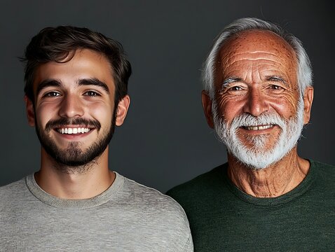 Portrait same young and old man smiling AI generated