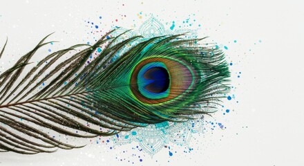 Vibrant peacock feather with artistic splash, symbolizing beauty and cultural richness. Ideal for festive decor and Indian heritage design
