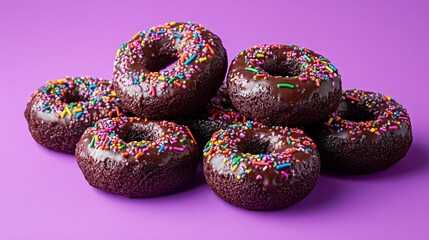 A colorful arrangement of gluten-free chocolate doughnuts with neon sprinkles, isolated on a bold purple background