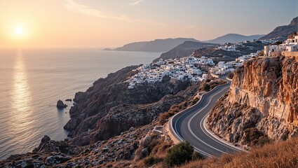 Fototapeta premium Scenic coastal road in Greece with cliffs villages and setting sun