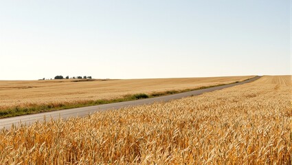 Obraz premium Golden wheat field in Kansas road stretching to horizon under clear sky
