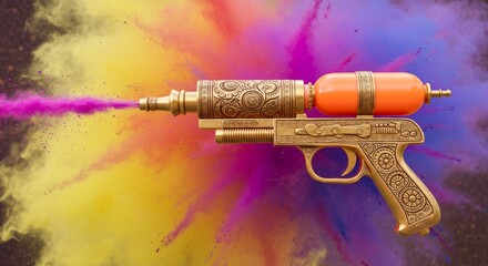 Golden pichkari water gun spraying vibrant Holi colors symbolizing joy creativity and playful celebration for Indian festival themes and colorful design