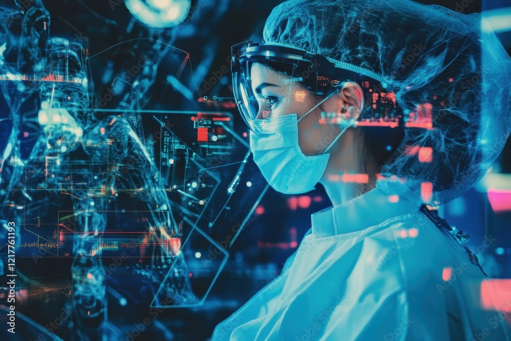 Poster scientist working in a laboratory while analyzing data on a digital screen in the evening