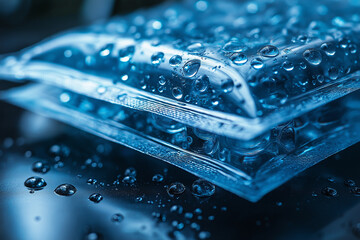 Close-up of a gel ice pack with water droplets on its surface, reflecting light in a cool setting