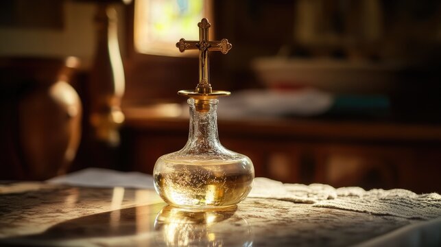 Sacred Essence: Bottle of Holy Water with Cross Detail on Elegant White Table