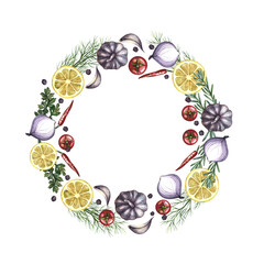 Round frame with vegetables and spices. A hand-drawn watercolor illustration. A color template featuring organic products. On a white background. For menus, recipe books, packages, labels, invitations