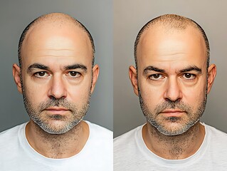 Bald man before thick hair after transplant frontal view
