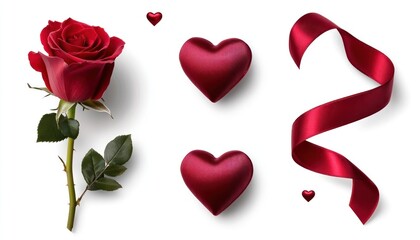 A high-resolution set of very very minimalistic Valentine's Day elements, including a rose flower, a single pair of red hearts, and a minimal single twist of flowing red silk ribbon 