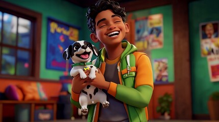 Child Excited About Pet Realistic 3D cartoon style illustration.