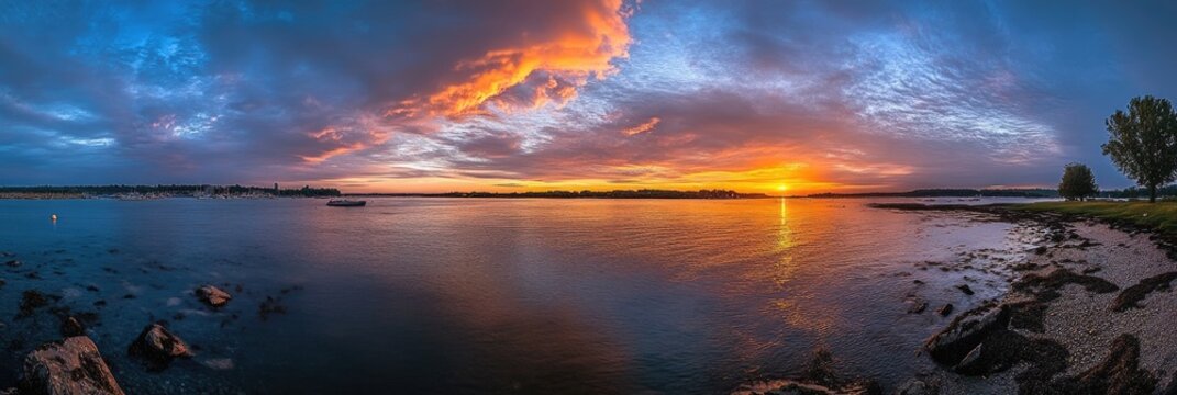 Breathtaking Skyscapes: Sunset Reflections Over Calm Sea with Beautiful Clouds and Vibrant Colors