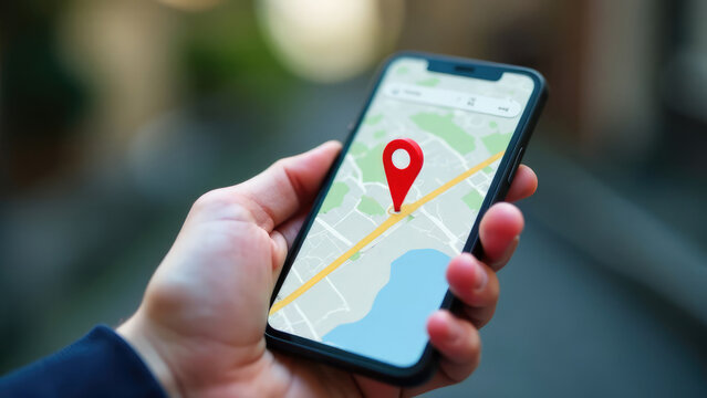 A hand holds a smartphone showing a map with a red location pin. Concept of: Mobile navigation and location services.