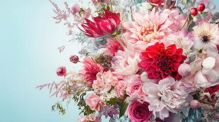 Winter Bouquet Featuring Bold Pink Flowers in Varying Shades, Set Against a Soft Blue Background, Creating a Gentle Contrast