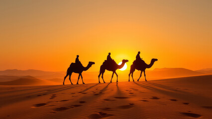 A caravan travelling in Sahara desert. Sand dunes, sunset landscape, Africa, Middle East travel. Background illustration
