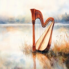 A serene harp stands gracefully in calm waters, surrounded by soft grasses, blending harmony with nature's tranquil beauty.