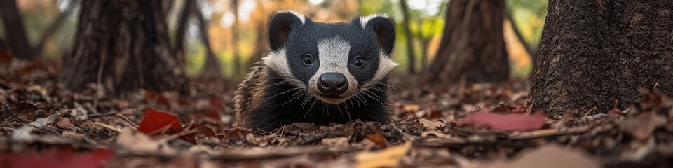 Captivating Autumn Forest Scene with Adorable Badger Amidst Colorful Fallen Leaves and Majestic Trees in Enchanting Natural Wildlife Habitat