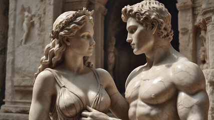 Valentine's Day Scene - Statue of a couple in love in ancient ruins.