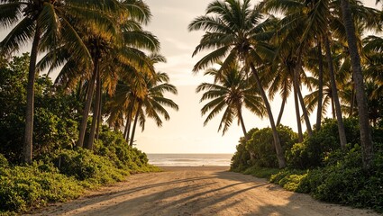 Fototapeta premium Tropical road with coconut palms leading to beach under golden sunlight