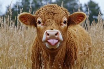 Joyful Brown Cow in Alpine Field with Tongue Playfully Protruding