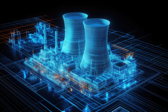 Detailed digital blueprint rendering showing nuclear power plant with cooling towers. Illuminated wireframe structures emphasizing engineering and architectural design details