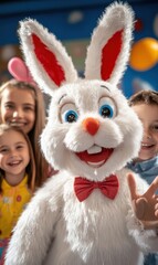 Fototapeta premium A dressed as a bunny with two children celebrating Easter joyfully in the background.