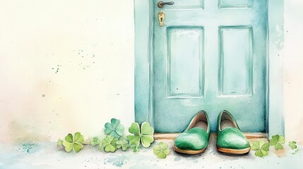A whimsical scene featuring green shoes at a teal door, surrounded by clover, evoking a sense of charm and tranquility.