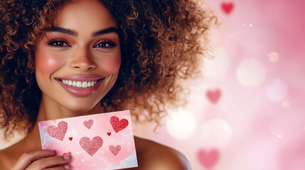 Beautiful woman with curly hair and a radiant smile holding a Valentines Day card with love symbols and a dreamy pink background