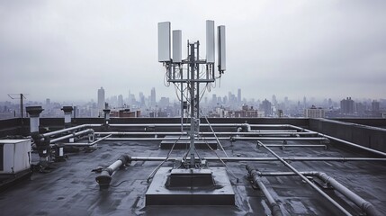 Telecommunication tower dominating rooftop with city skyline in background