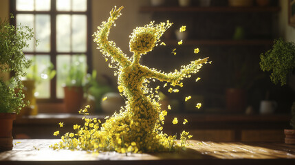 Obraz premium Woman is standing in front of table with yellow flowers. Figurine, girl, plant, flowers glare, light, window, dancing. Window with dancing glare of light. A girl dancing in the window. Lifestyle.